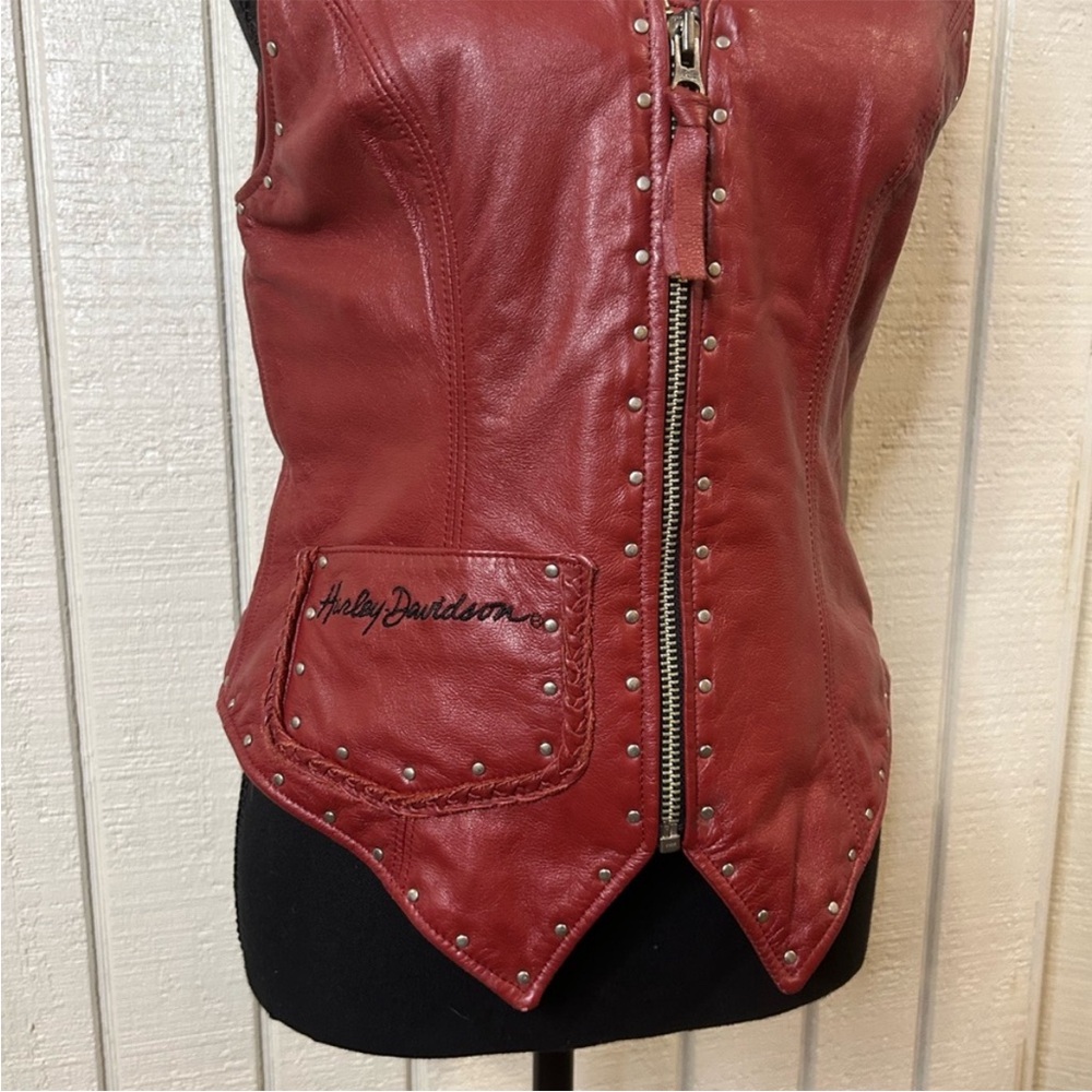 HARLEY-DAVIDSON | Red Genuine Leather Moto Studded Zip Up Women’s Vest Sz Large - Picture 11 of 15